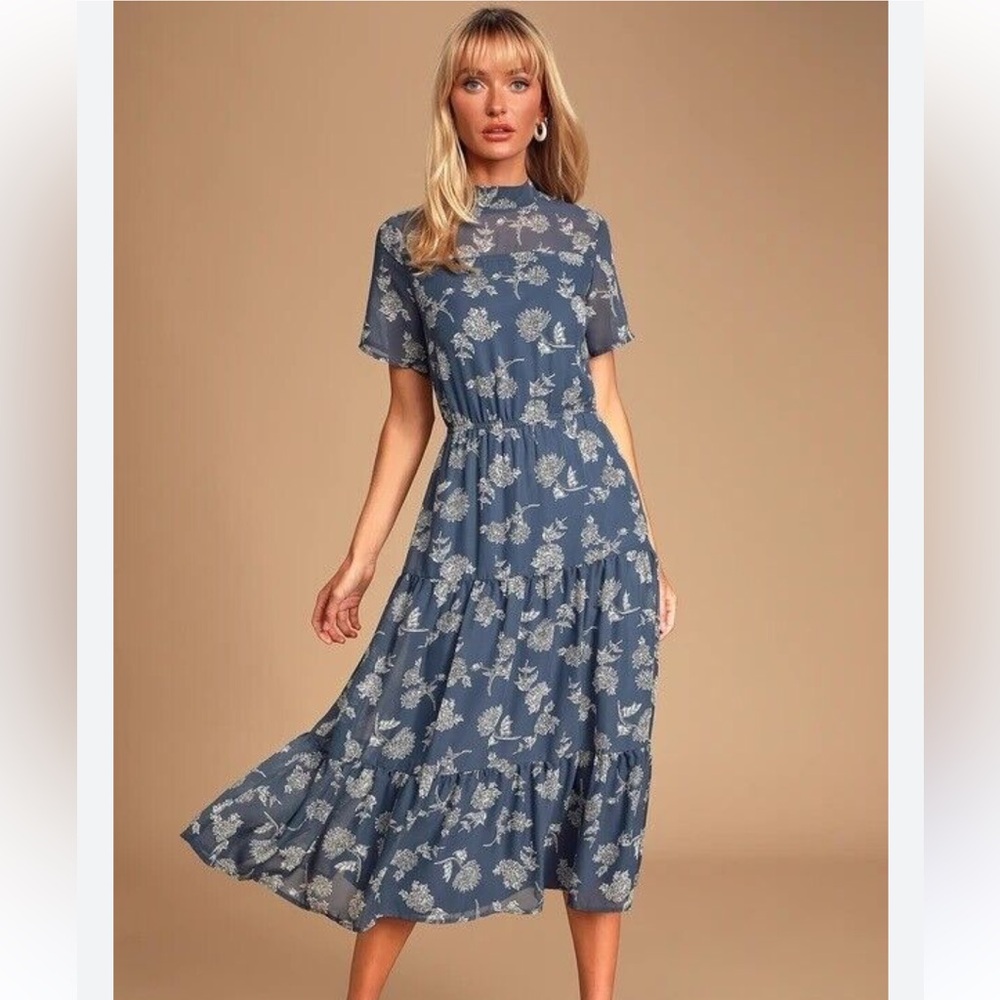 Floral dusty blue mockneck dress